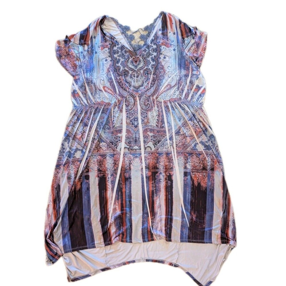 OneWorld Live & Let Live Women’s Dress Boho Paisley Print Blue Red White V-Neck